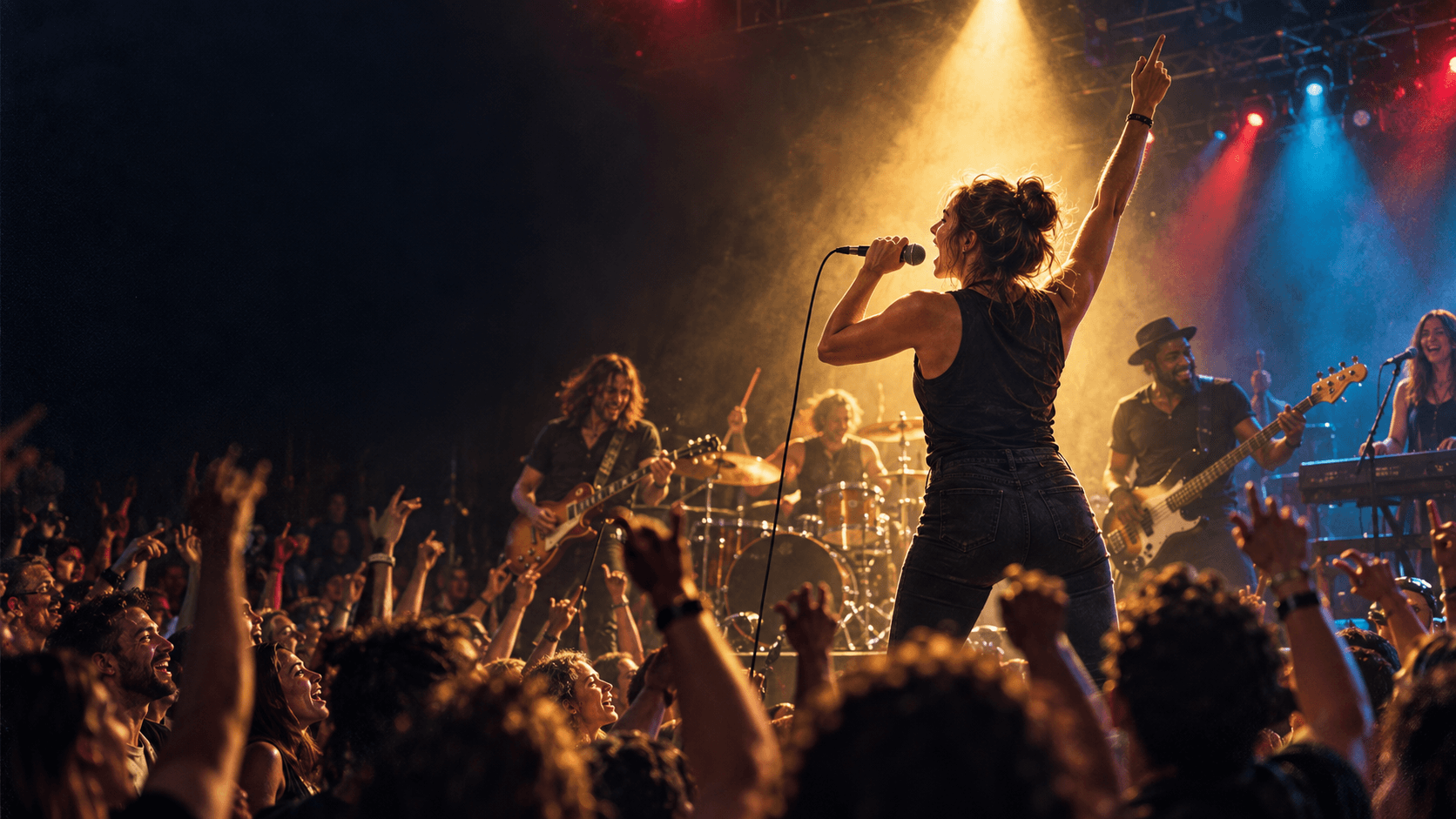 A guest singing with a live rock band in front of a cheering crowd